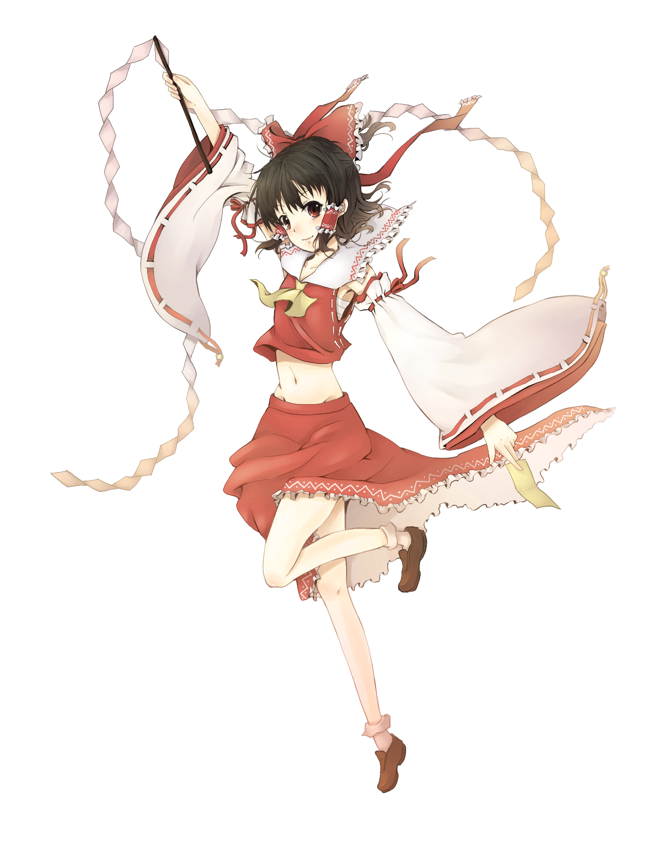ayu miko, hakurei reimu, touhou, bad id, bad pixiv id, highres, 1girl, black hair, bow, female focus, gohei, groin, hair bow, japanese clothes, midriff, miko, navel, ofuda, red eyes, sarashi, short hair, solo