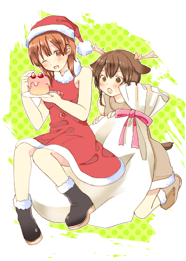 yoshioka mitsuko, bad id, bad pixiv id, 2girls, :o, animal costume, animal ears, bag, boots, cake, christmas, food, fruit, hat, horns, multiple girls, one eye closed, open mouth, pastry, polka dot, reindeer costume, sack, santa costume, santa hat, strawberry, tail, wink