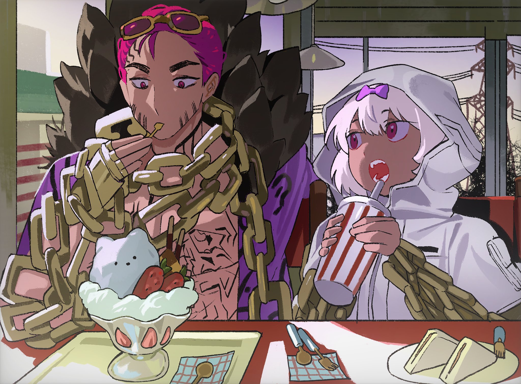yongsadragon, kira (project moon), limbus company, project moon, commentary, english commentary, highres, 1boy, 1girl, bow, chain, chain around arm, chain necklace, coat, cup, diner, drinking straw, eating, eyewear on head, facial tattoo, food, fork, fruit, full-body tattoo, fur-trimmed coat, fur trim, gold chain, hair bow, hair slicked back, holding, holding cup, holding spoon, hood, hood up, hooded coat, ice cream, indoors, jewelry, necklace, open clothes, open coat, open mouth, parfait, pink hair, power lines, purple coat, purple eyes, restaurant, ricardo (project moon), sandwich, short hair, spoon, strawberry, sunglasses, tattoo, tinted eyewear, utensil in mouth, whipped cream, white coat, white hair, window