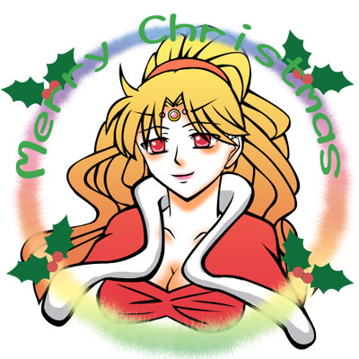 ritoraax, rosa farrell, final fantasy, final fantasy iv, lowres, 1990s (style), 1girl, blonde hair, breasts, cape, christmas, cleavage, female focus, long hair, mistletoe, red eyes, solo, tiara, white background