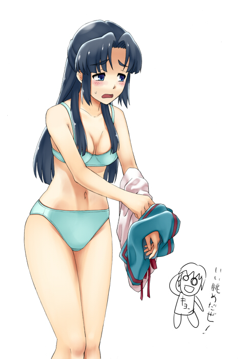 gonoike biwa, asakura ryoko, suzumiya haruhi no yuuutsu, eyebrows, 00s, 1girl, blue bra, blue eyes, blue hair, blue panties, blush, bra, breasts, embarrassed, female focus, lingerie, long hair, matching hair/eyes, medium breasts, panties, school uniform, serafuku, solo, underwear, underwear only, undressing