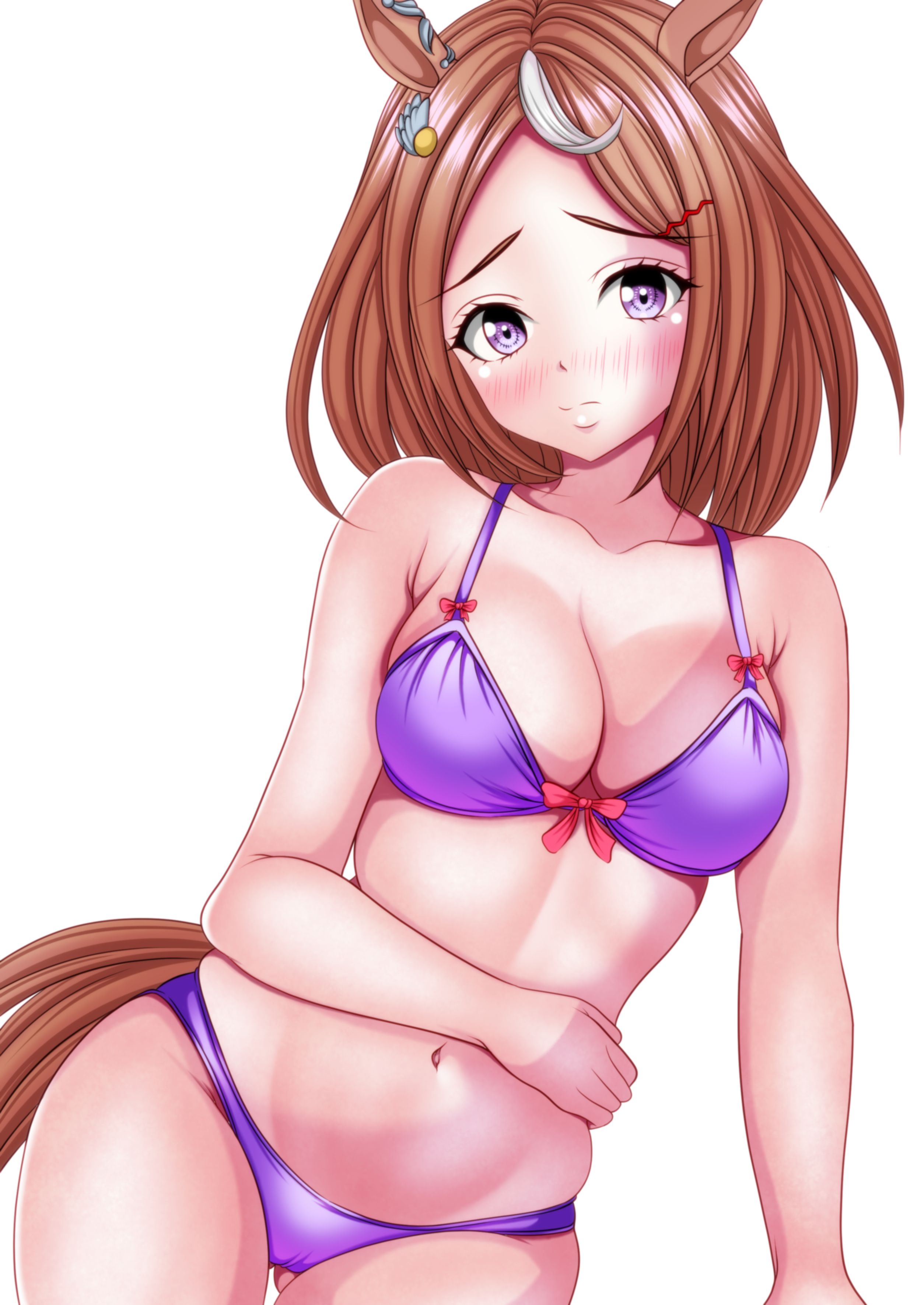 hagesan3345, tsurumaru tsuyoshi (umamusume), umamusume, absurdres, commentary request, highres, 1girl, alternate costume, animal ears, bikini, blush, breasts, brown hair, closed mouth, collarbone, ear ornament, gluteal fold, hair ornament, hairclip, horse ears, horse girl, horse tail, looking at viewer, medium breasts, multicolored hair, navel, purple bikini, purple eyes, short hair, simple background, solo, streaked hair, swimsuit, tail, white background, white hair