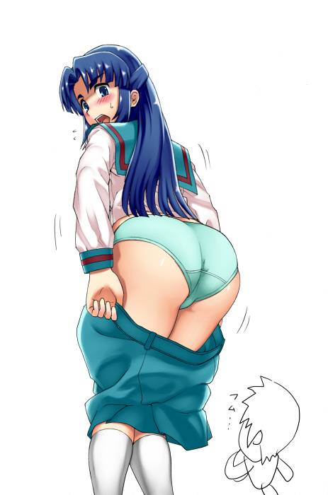 gonoike biwa, asakura ryoko, suzumiya haruhi no yuuutsu, eyebrows, 00s, 1girl, angry, ass, blue eyes, blue hair, blush, long hair, panties, school uniform, serafuku, socks, underwear, undressing