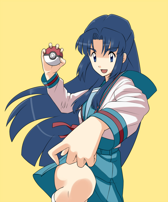 gonoike biwa, asakura ryoko, nintendo, pokemon, suzumiya haruhi no yuuutsu, 1girl, blue eyes, blue hair, female focus, foreshortening, holding, holding poke ball, long hair, matching hair/eyes, parody, poke ball, poke ball (basic), school uniform, serafuku, socks, solo, style parody, yellow background