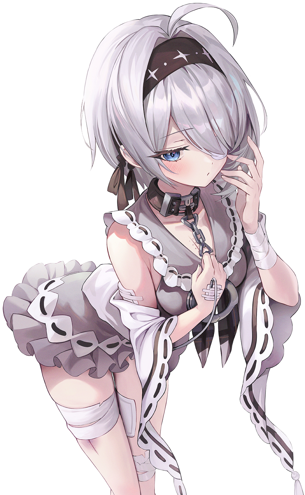 cano852, sissela kyle, black survival, eternal return: black survival, commentary, highres, 1girl, bandaged arm, bandaged leg, bandages, black hairband, blue eyes, eyepatch, grey hair, hair over one eye, hairband, looking at viewer, one eye covered, simple background, solo, thighs, white background