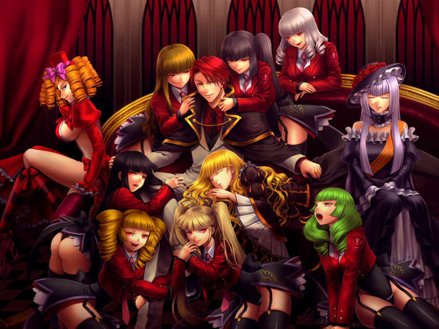 nomo (16 16), asmodeus (umineko), beatrice (umineko), beelzebub (umineko), belphegor (umineko), gaap (umineko), leviathan (umineko), lucifer (umineko), mammon (umineko), satan (umineko), stakes of purgatory, ushiromiya battler, virgilia (umineko), umineko no naku koro ni, striped legwear, uniform, bad id, bad pixiv id, 00s, 1boy, 6+girls, ass, bent over, black hair, black socks, black thighhighs, blazer, blonde hair, blue eyes, bow, breasts, brown hair, cape, choker, closed eyes, dress, drill hair, flower, formal clothes, frills, garter straps, green hair, grey hair, grin, harem, hat, jacket, jewelry, kneehighs, large breasts, long hair, lying, mini hat, mini top hat, multiple girls, necktie, on stomach, orange hair, pimp, pink bow, pink necktie, red eyes, red hair, ring, rose, side ponytail, sideboob, sitting, sleeping, smile, socks, striped clothes, striped socks, suit, thighhighs, top hat, twintails, very long hair