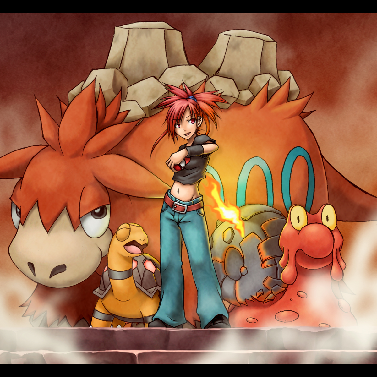 shi69ro6645, camerupt, flannery (pokemon), magcargo, torkoal, nintendo, pokemon, pokemon rse, highres, 00s, 1girl, animal, belt, denim, fire, gen 2 pokemon, gen 3 pokemon, gym leader, holding, holding poke ball, jeans, midriff, navel, pants, poke ball, pokemon (creature), red eyes, red hair, steam