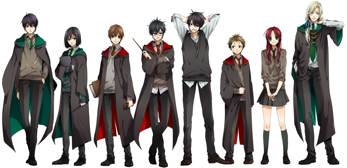 nakagawa waka, james potter, lily evans, lucius malfoy, peter pettigrew, regulus arcturus black, regulus black, remus lupin, severus snape, sirius black, harry potter (series), wizarding world, annotated, 1girl, 6+boys, aged down, animification, arms at sides, black hair, blonde hair, blouse, bob cut, book, brothers, brown hair, chocolate, collared shirt, crossed arms, everyone, frown, glasses, green necktie, grin, hand in own hair, hand in pocket, hogwarts school uniform, hood, hooded coat, kneehighs, legs apart, lineup, long hair, low ponytail, messy hair, multiple boys, necktie, own hands together, ponytail, red hair, red necktie, school uniform, shaded face, shirt, siblings, side ponytail, simple background, skirt, sleeves rolled up, smile, socks, spiked hair, standing, sweater vest, wand, white background, white shirt