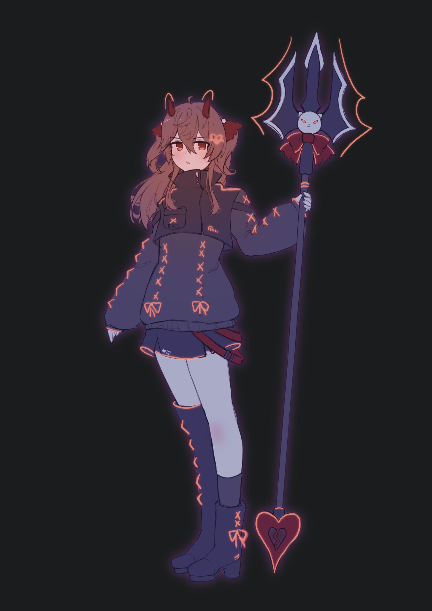 kasoke308, evil neuro-sama, neuro-sama, vedal ai, commentary, english commentary, highres, 1girl, ahoge, asymmetrical footwear, black background, black boots, black skirt, black socks, black sweater, black vest, boots, bow, broken heart, broken heart hair ornament, brown hair, character name, cropped vest, crossed bangs, demon horns, full body, hair between eyes, hair ribbon, heart, high collar, holding, holding polearm, holding weapon, horns, long hair, long sleeves, looking at viewer, miniskirt, open mouth, orange ribbon, pleated skirt, pocket, polearm, puffy long sleeves, puffy sleeves, red bow, red eyes, red ribbon, ribbon, ribbon-trimmed boots, ribbon-trimmed footwear, ribbon-trimmed sweater, simple background, skirt, socks, solo, standing, sweater, torn hair ribbon, two side up, uneven footwear, vest, weapon