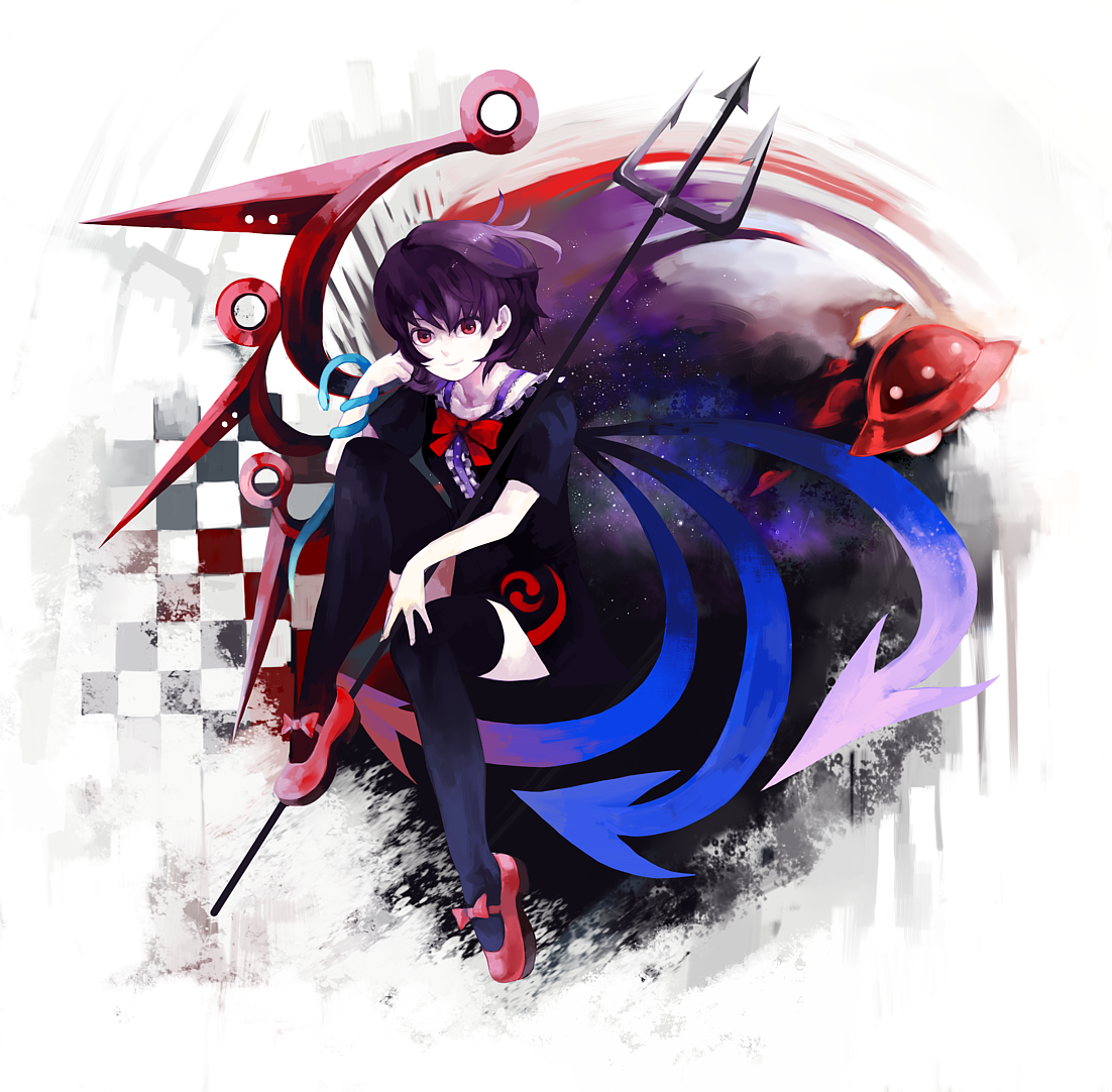 oburaato, houjuu nue, touhou, 1girl, black hair, black thighhighs, female focus, polearm, red eyes, short hair, snake, solo, spear, thighhighs, trident, ufo, weapon, white background, wings, zettai ryouiki