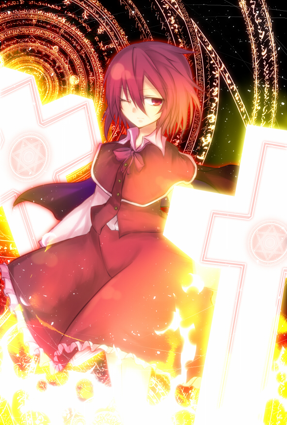 haruto28, okazaki yumemi, phantasmagoria of dim.dream, touhou, touhou (pc-98), bad id, bad pixiv id, 1girl, cape, cross, female focus, hexagram, magic circle, one eye closed, red eyes, red hair, red theme, solo, wink