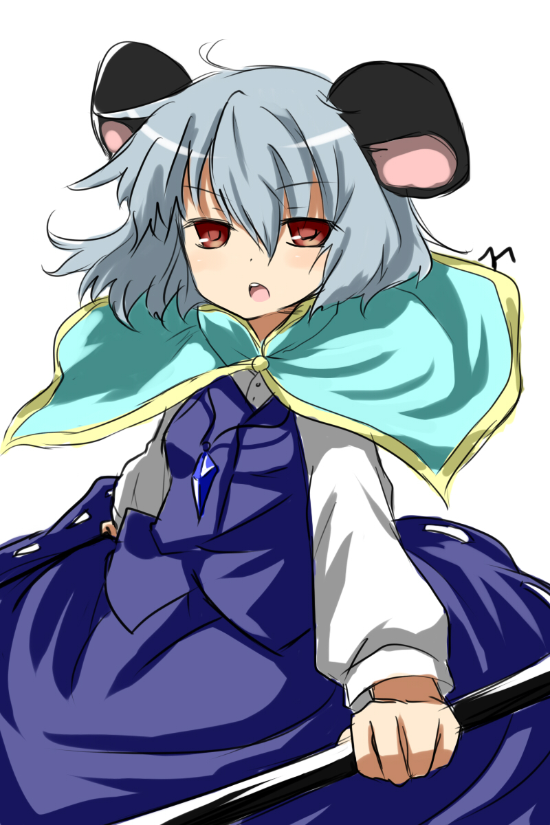 mikan (ama no hakoniwa), nazrin, touhou, highres, 1girl, animal ears, capelet, female focus, grey hair, jewelry, mouse ears, necklace, red eyes, rod, simple background, solo, white background