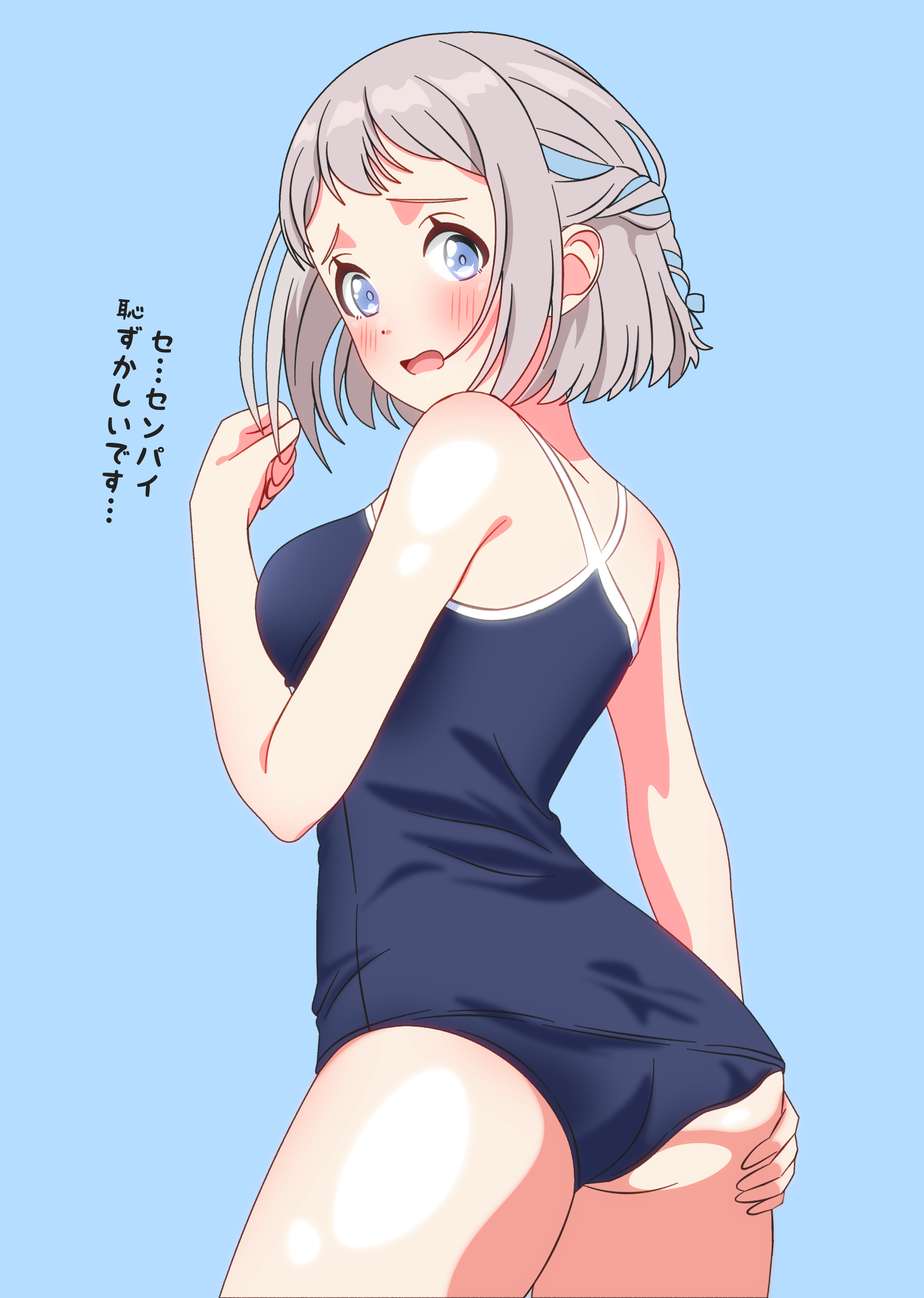 shinonome sakura, katsuragi lilja, gakuen idolmaster, idolmaster, absurdres, commentary, highres, translation request, 1girl, :o, alternate costume, ass, blue background, blue eyes, blue one-piece swimsuit, blue ribbon, blush, braid, breasts, grey hair, hair ribbon, half up braid, looking at viewer, medium breasts, one-piece swimsuit, ribbon, ribbon braid, school swimsuit, short hair, simple background, solo, swimsuit