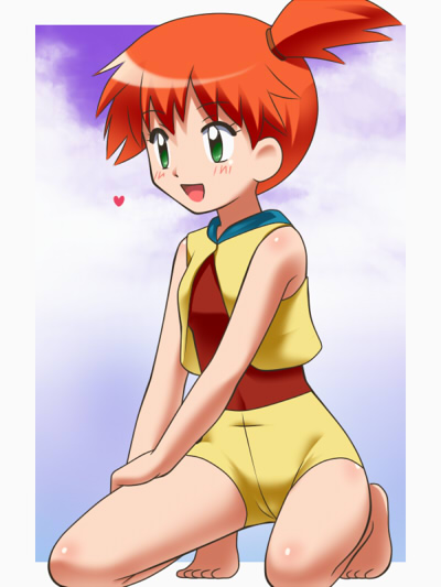 awa, misty (pokemon), nintendo, pokemon, 1girl, barefoot, feet, female focus, green eyes, heart, orange hair, outdoors, sky, solo, toes