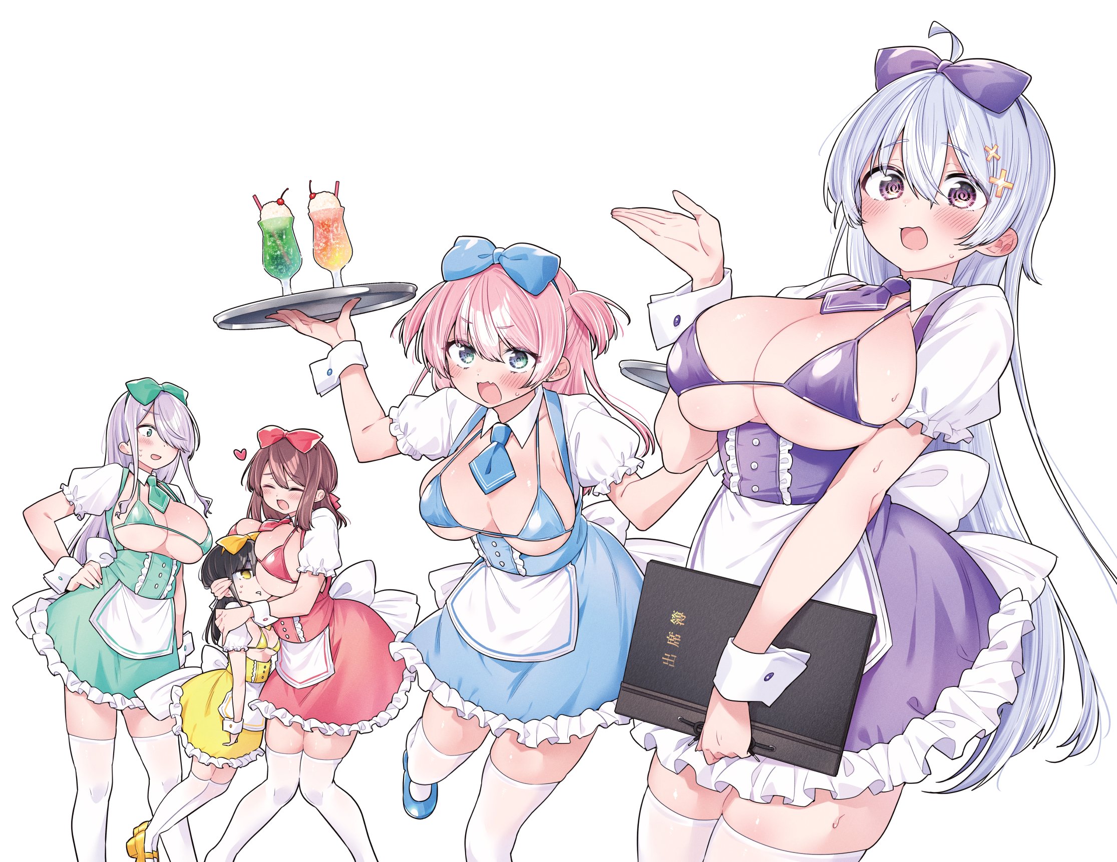 kamio fukuchi, hiwamura hiyori, yowa yowa sensei, commentary request, highres, 5girls, @ @, ahoge, alternate costume, apron, bikini, black hair, blue bikini, blue bow, blue dress, blue eyes, blue necktie, blue shoes, bow, breast smother, breastless clothes, breasts, brown hair, closed eyes, color coordination, dress, enmaided, face to breasts, green bikini, green bow, green dress, green necktie, grey hair, hair bow, hair over one eye, hand on own hip, holding, holding menu, holding tray, large breasts, long hair, maid, maid apron, mary janes, menu, multiple girls, necktie, pink hair, purple bikini, purple bow, purple dress, purple eyes, purple necktie, red bikini, red bow, red dress, red necktie, shoes, short dress, short necktie, simple background, small breasts, swimsuit, thighhighs, tray, two side up, very long hair, white background, white thighhighs, white wrist cuffs, wrist cuffs, yellow bikini, yellow bow, yellow dress, yellow shoes
