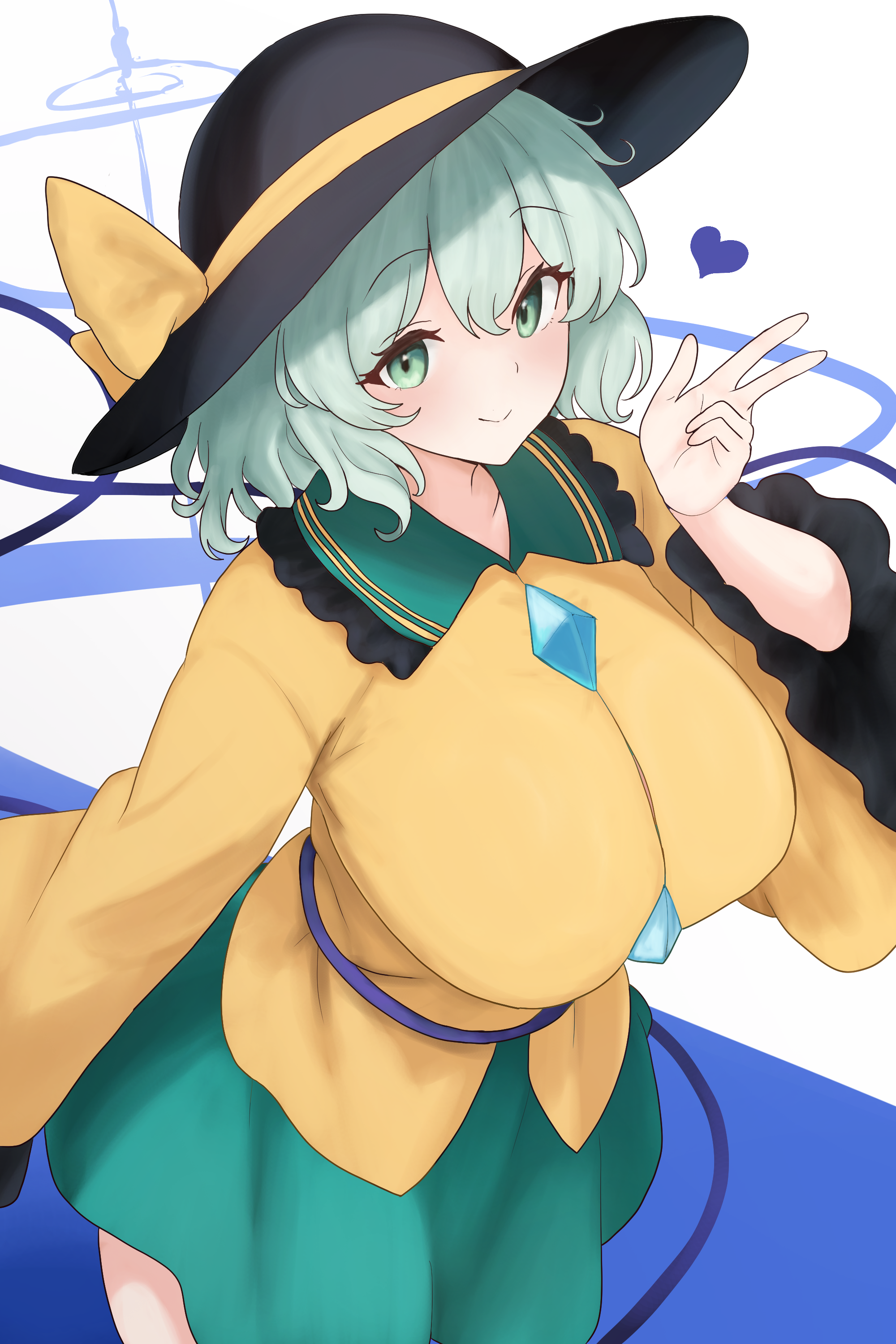moriforest1040, komeiji koishi, touhou, absurdres, commentary, highres, 1girl, alternate breast size (larger), black hat, blush, breasts, buttons, contrast collar, dated commentary, diamond button, frilled sailor collar, frills, green eyes, green hair, green sailor collar, green skirt, hat, heart, large breasts, long sleeves, looking at viewer, sailor collar, shirt, short hair, simple background, skirt, smile, solo, w, white background, yellow shirt