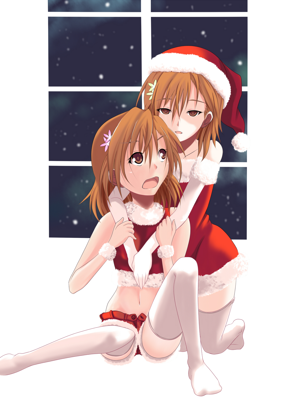 bloody moon, misaka imouto, misaka mikoto, toaru majutsu no index, highres, 00s, brown eyes, brown hair, elbow gloves, gloves, hat, naughty face, santa costume, santa hat, short hair, shorts, snow, thighhighs, window, yuri