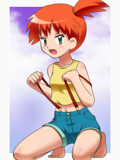 awa, misty (pokemon), nintendo, pokemon, 1girl, barefoot, feet, female focus, green eyes, orange hair, outdoors, sky, solo, toes, undressing