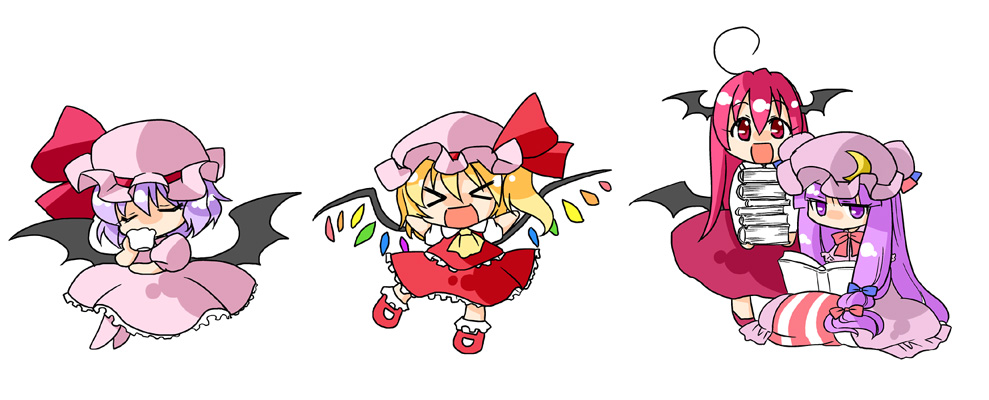 cherry blossoms (artist), sakura (doors), flandre scarlet, koakuma, patchouli knowledge, remilia scarlet, embodiment of scarlet devil, touhou, bad id, bad pixiv id, > <, > <, 4girls, :d, ahoge, bat wings, blonde hair, blue hair, book, bow, chibi, closed eyes, cup, drinking, female focus, hair bow, hat, head wings, long hair, multiple girls, open mouth, purple eyes, purple hair, red eyes, red hair, short hair, smile, teacup, vampire, wings, xd