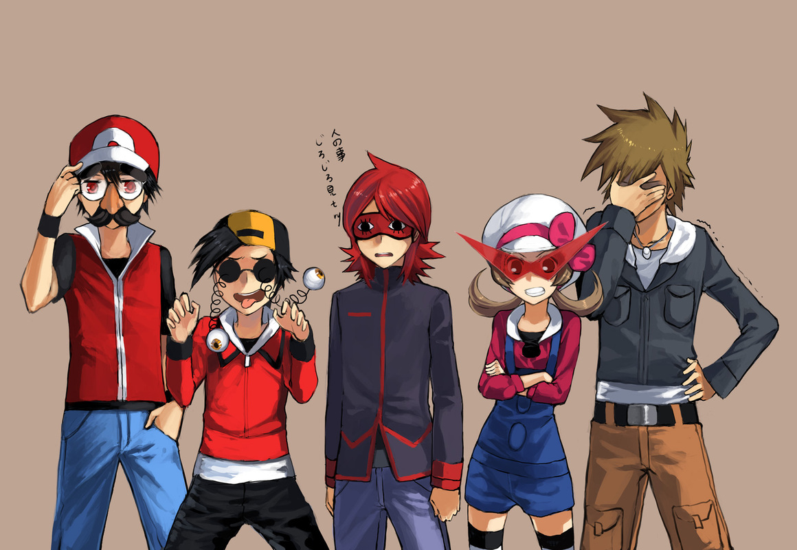 cezaria, springs, tengentoppa, blue oak, blue oak (pokemon hgss), ethan (pokemon), lyra (pokemon), red (pokemon), silver (pokemon), gintama, nintendo, pokemon, pokemon hgss, tengen toppa gurren lagann, bad id, bad pixiv id, translation request, 1girl, 4boys, alternate costume, crossed arms, facepalm, glasses, groucho glasses, hand in pocket, hand on own hip, hat, hat ribbon, hip focus, kamina shades, multiple boys, parody, pink ribbon, ribbon, spring (object), sunglasses, thighhighs, triangular eyewear