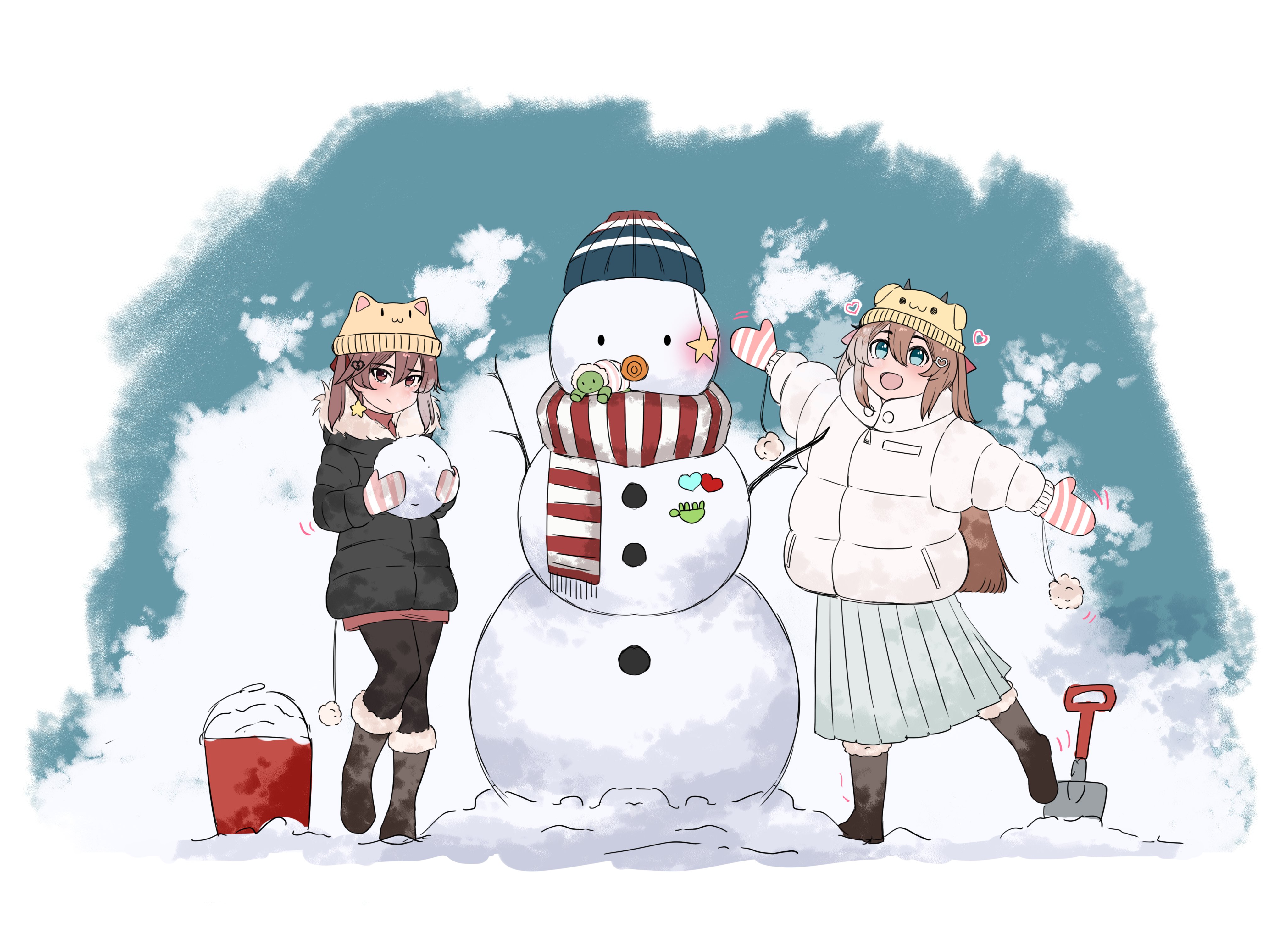 109kpm, evil neuro-sama, neuro-sama, vedal987, vedal ai, absurdres, hashtag-only commentary, highres, 2girls, :d, alternate costume, alternate hairstyle, animal ear headwear, beanie, black jacket, black pantyhose, blue eyes, blue hat, blue skirt, blunt ends, blush, boots, border, breath, broken heart, broken heart hair ornament, brown boots, brown hair, bucket, closed mouth, double-parted bangs, down jacket, dress, fake animal ears, full body, fur-trimmed boots, fur-trimmed jacket, fur trim, hair between eyes, hair ornament, hair ribbon, hat, heart, heart hair ornament, holding, holding snowball, jacket, knees together feet apart, long hair, long skirt, long sleeves, looking at viewer, mittens, motion lines, multiple girls, open mouth, outstretched arms, pantyhose, pink mittens, pleated skirt, pom pom (clothes), red dress, red eyes, red ribbon, red scarf, ribbon, scarf, shovel, siblings, sisters, skirt, smile, snow, snowball, snowman, standing, standing on one leg, star (symbol), striped clothes, striped hat, striped mittens, striped scarf, turtle, twins, twintails, two side up, white border, white hat, white jacket, white mittens, white scarf, winter, winter clothes, yellow hat