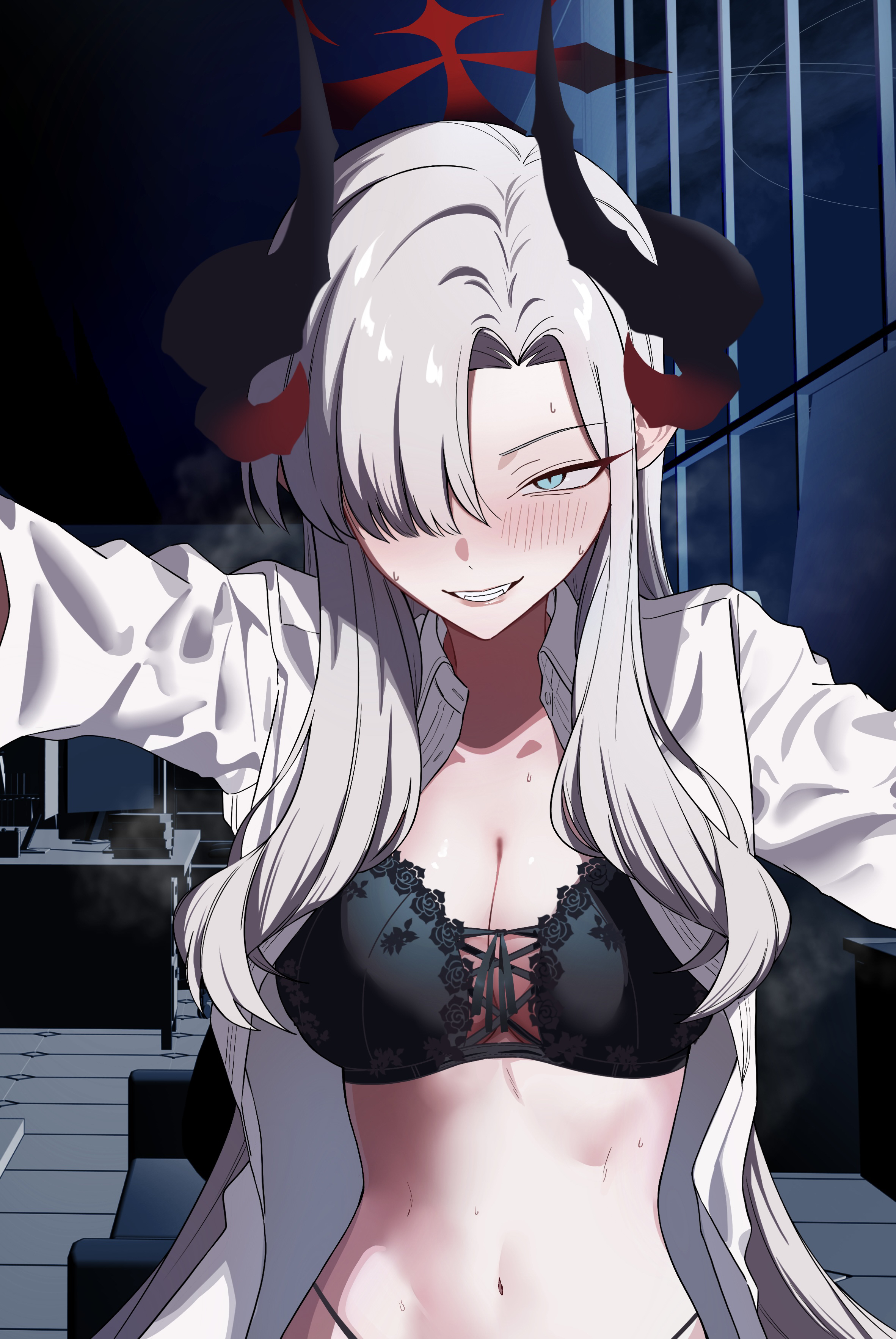 saiun sigma, makoto (blue archive), blue archive, comiket 107, absurdres, commentary request, highres, 1girl, asymmetrical legwear, black bra, black panties, blush, bra, breasts, dress shirt, fangs, grey hair, grin, hair over one eye, halo, horns, indoors, looking at viewer, medium breasts, multiple horns, navel, one eye covered, open clothes, open shirt, panties, pov, shirt, smile, solo, stomach, sweat, underwear, white shirt