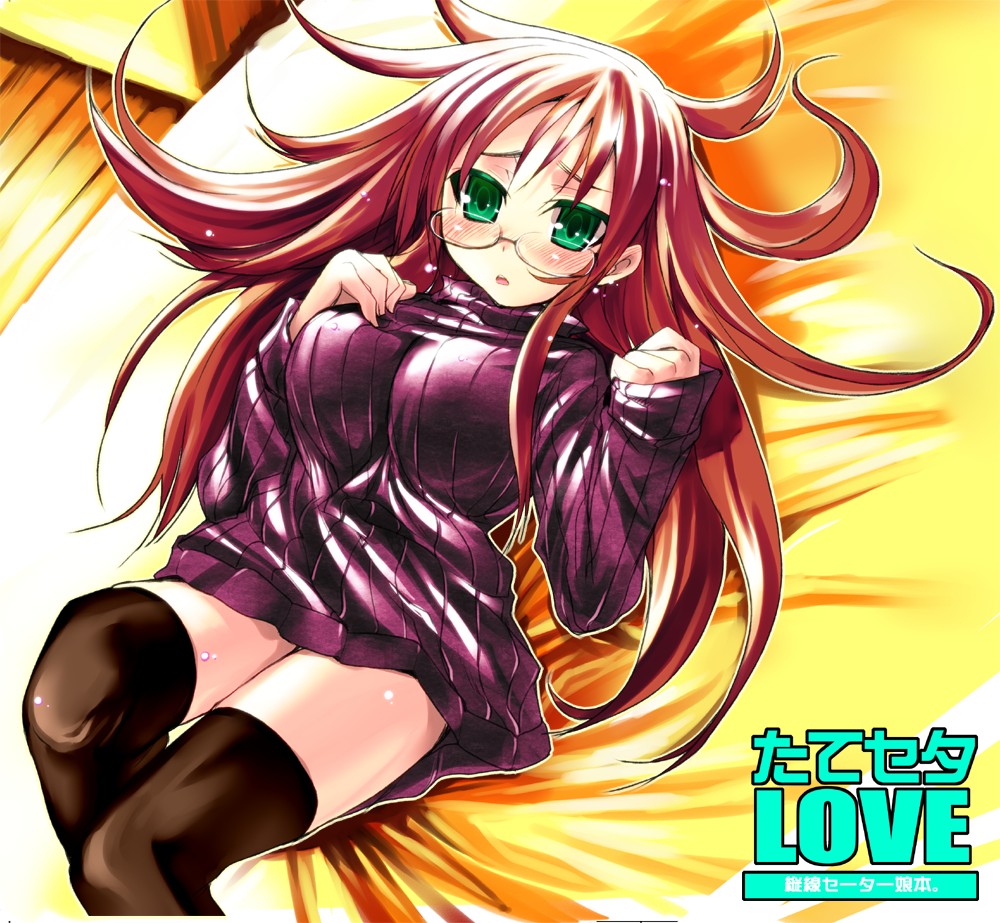 tokita monta, original, 1girl, bottomless, brown hair, female focus, green eyes, solo, sweater, thighhighs