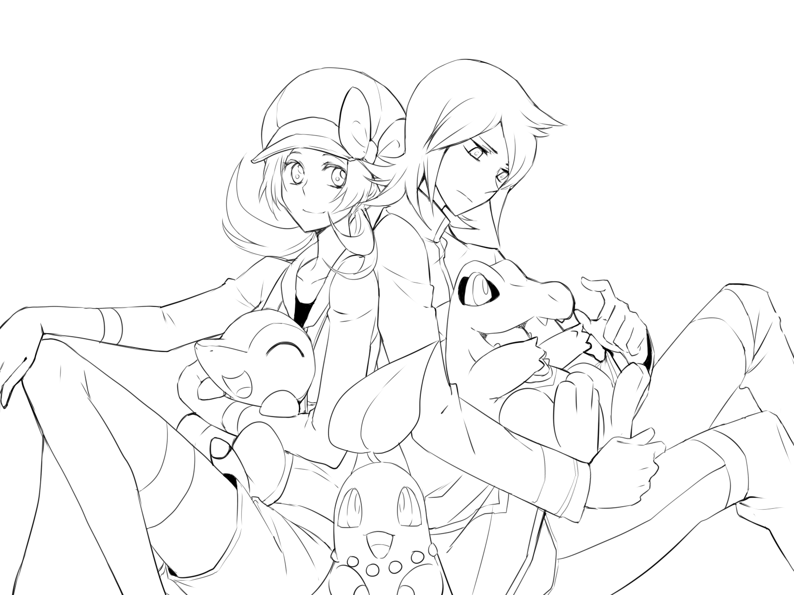 cezaria, chikorita, cyndaquil, lyra (pokemon), silver (pokemon), totodile, nintendo, pokemon, pokemon hgss, bad id, bad pixiv id, highres, 00s, 1boy, 1girl, back-to-back, colored skin, flipped hair, gen 2 pokemon, greyscale, hat, hat ribbon, hetero, hug, lineart, monochrome, open mouth, pokemon (creature), ribbon, simple background, smile, starter pokemon trio, thighhighs, white background, white eyes, white hair, white ribbon, white skin, white theme, white thighhighs
