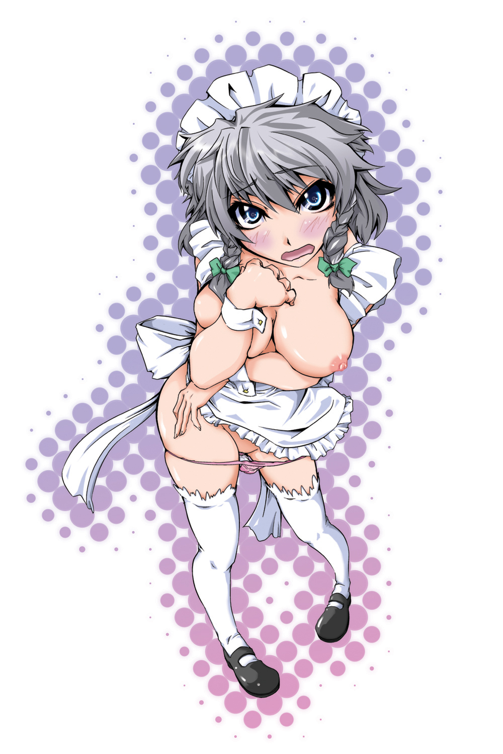 kurohanagi, izayoi sakuya, touhou, highres, 1girl, apron, blue eyes, blush, bow, braid, breasts, female focus, grey hair, hair bow, halftone, halftone background, large breasts, maid headdress, naked apron, nipples, panties, panty pull, side braid, skindentation, solo, thighhighs, twin braids, underwear, white background, white thighhighs