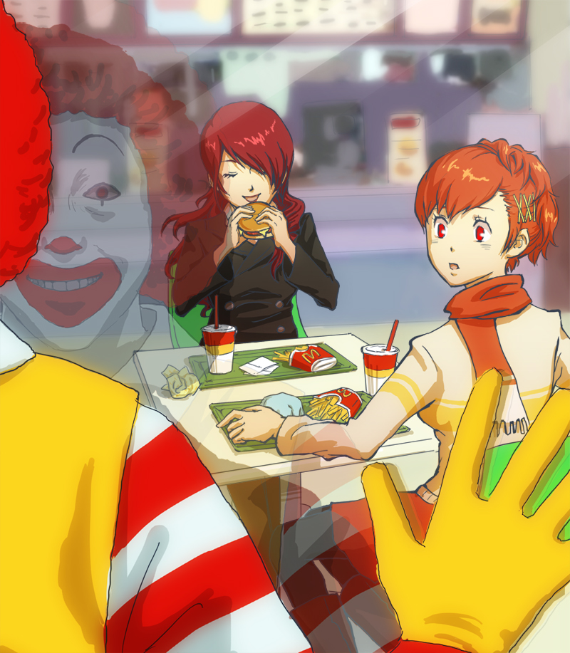 jigoku meguri, kirijou mitsuru, ronald mcdonald, shiomi kotone, atlus, mcdonald's, persona, persona 3, persona 3 portable, 1boy, 2girls, burger, creepy, eating, food, horror (theme), multiple girls, pantyhose, red eyes, reflection, sitting, smile, stalking, window, you gonna get raped