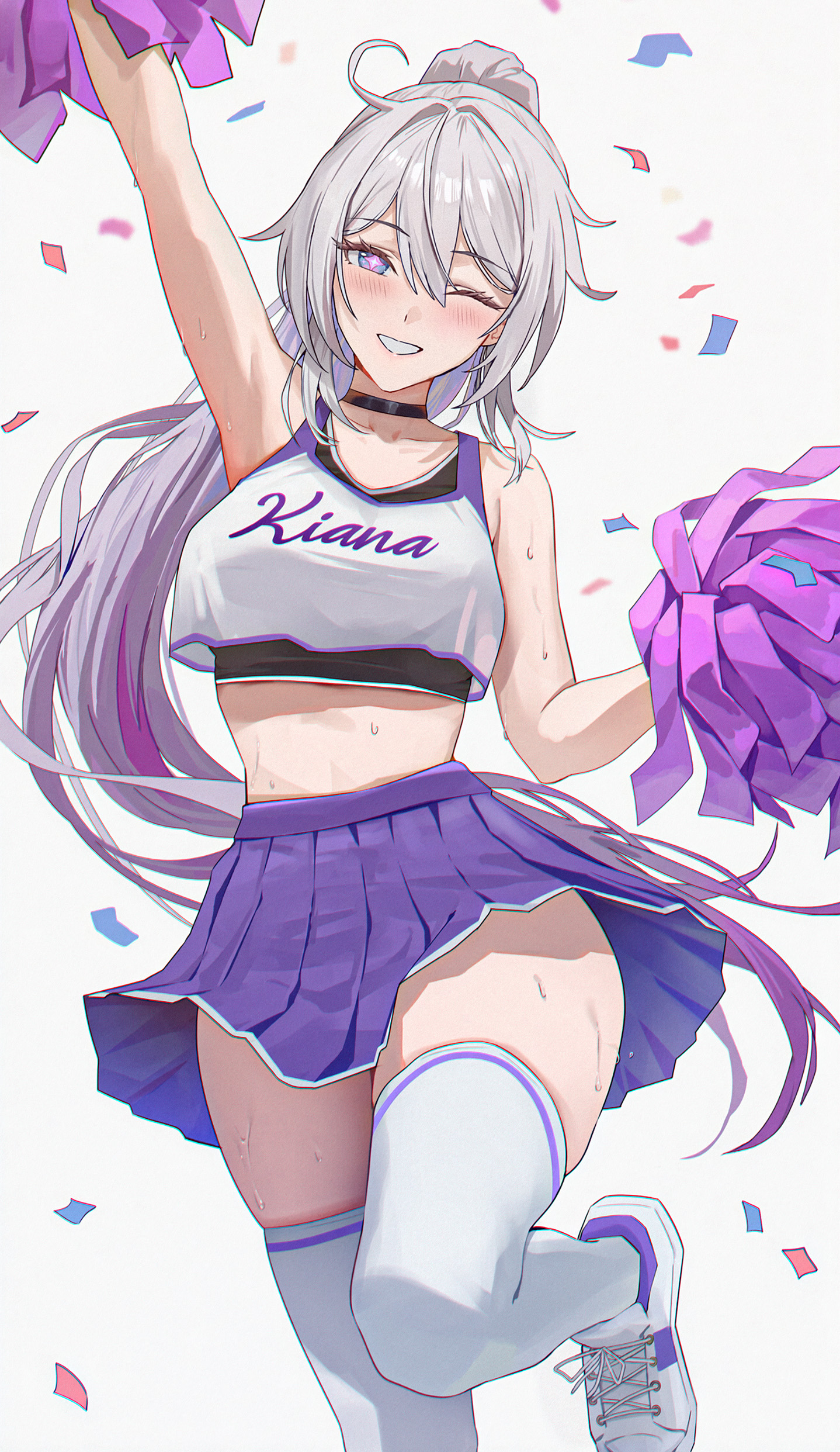 amiki yuzuru, kiana kaslana, kiana kaslana (herrscher of finality), honkai (series), honkai impact 3rd, absurdres, commentary, english commentary, highres, 1girl, blue eyes, blush, breasts, character name, cheerleader, collarbone, long hair, midriff, one eye closed, pleated skirt, pom pom (cheerleading), ponytail, purple hair, purple skirt, shoes, skirt, smile, solo, tank top, thighhighs, white hair, white shoes, white thighhighs
