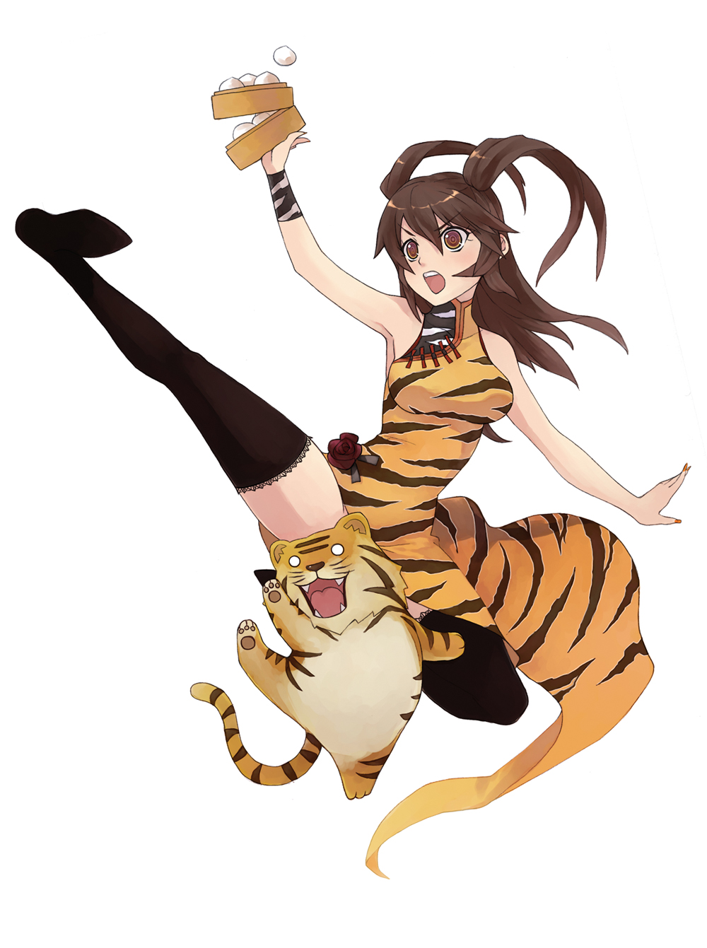 caee penguin, bad id, bad pixiv id, highres, animal print, brown eyes, brown hair, censored, china dress, chinese clothes, convenient censoring, dress, kicking, legs, solo, thighhighs, tiger, tiger print, twintails