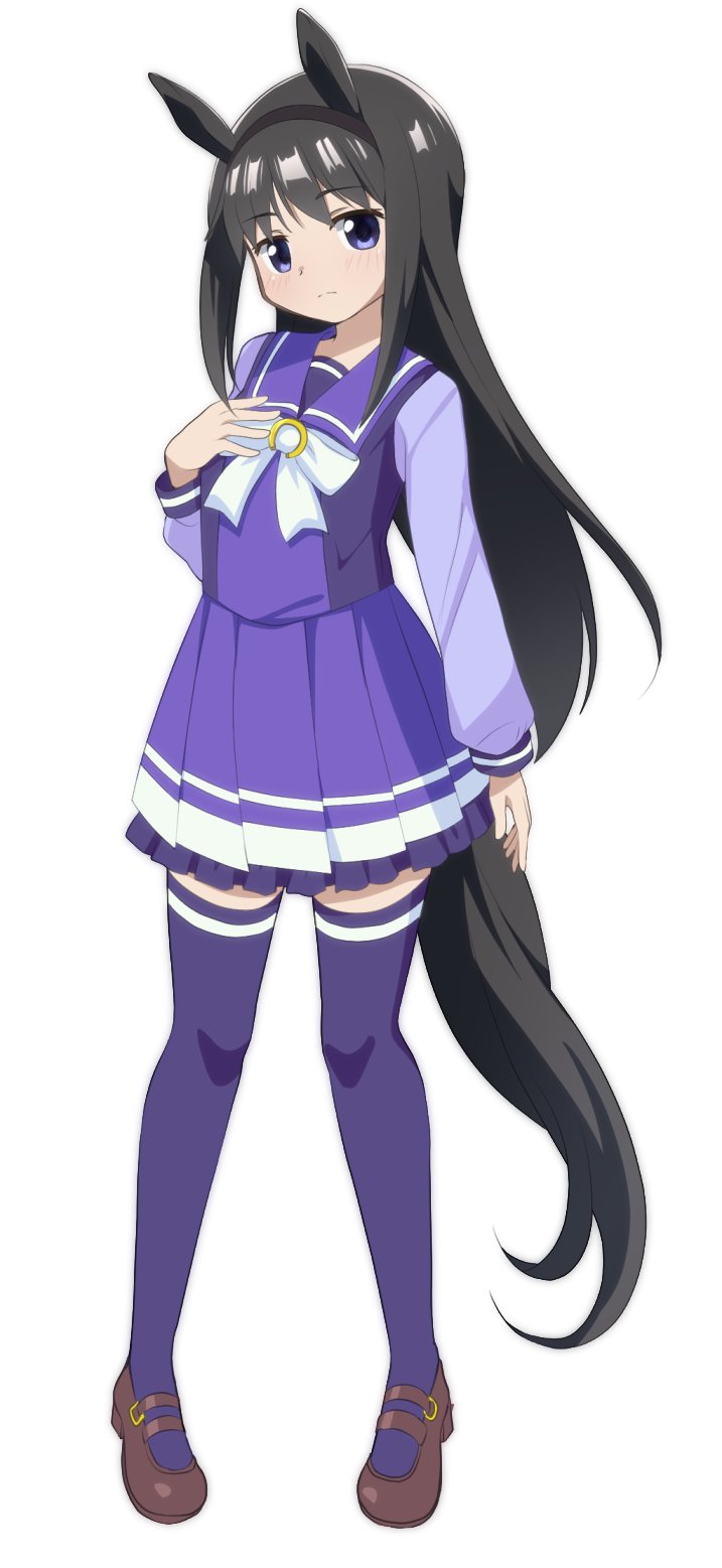 shuruken (yuumo), akemi homura, mahou shoujo madoka magica, umamusume, commentary request, highres, 1girl, animal ears, black hair, black hairband, bow, bowtie, brown shoes, full body, hairband, hand on own chest, horse ears, horse girl, horse tail, horseshoe ornament, kemonomimi mode, loafers, long hair, long sleeves, looking at viewer, pleated skirt, purple eyes, purple shirt, purple skirt, purple thighhighs, sailor collar, sailor shirt, school uniform, shirt, shoes, sidelocks, simple background, skirt, solo, tail, thighhighs, tracen school uniform, white background, white bow, white bowtie