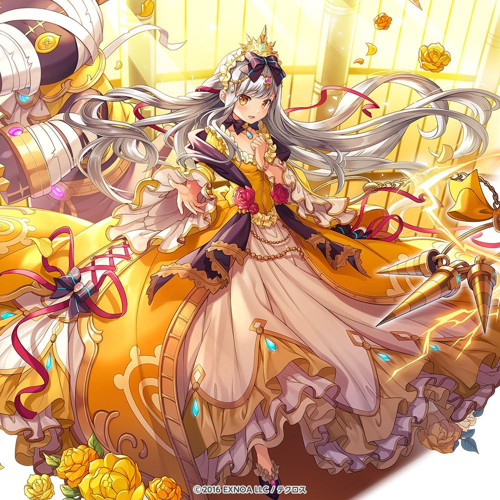 dmm, kamihime project, commentary request, 1girl, black ribbon, dress, frilled dress, frills, light smile, long hair, long skirt, nephthys (kamihime project), orange eyes, ribbon, skirt, white hair, yellow dress