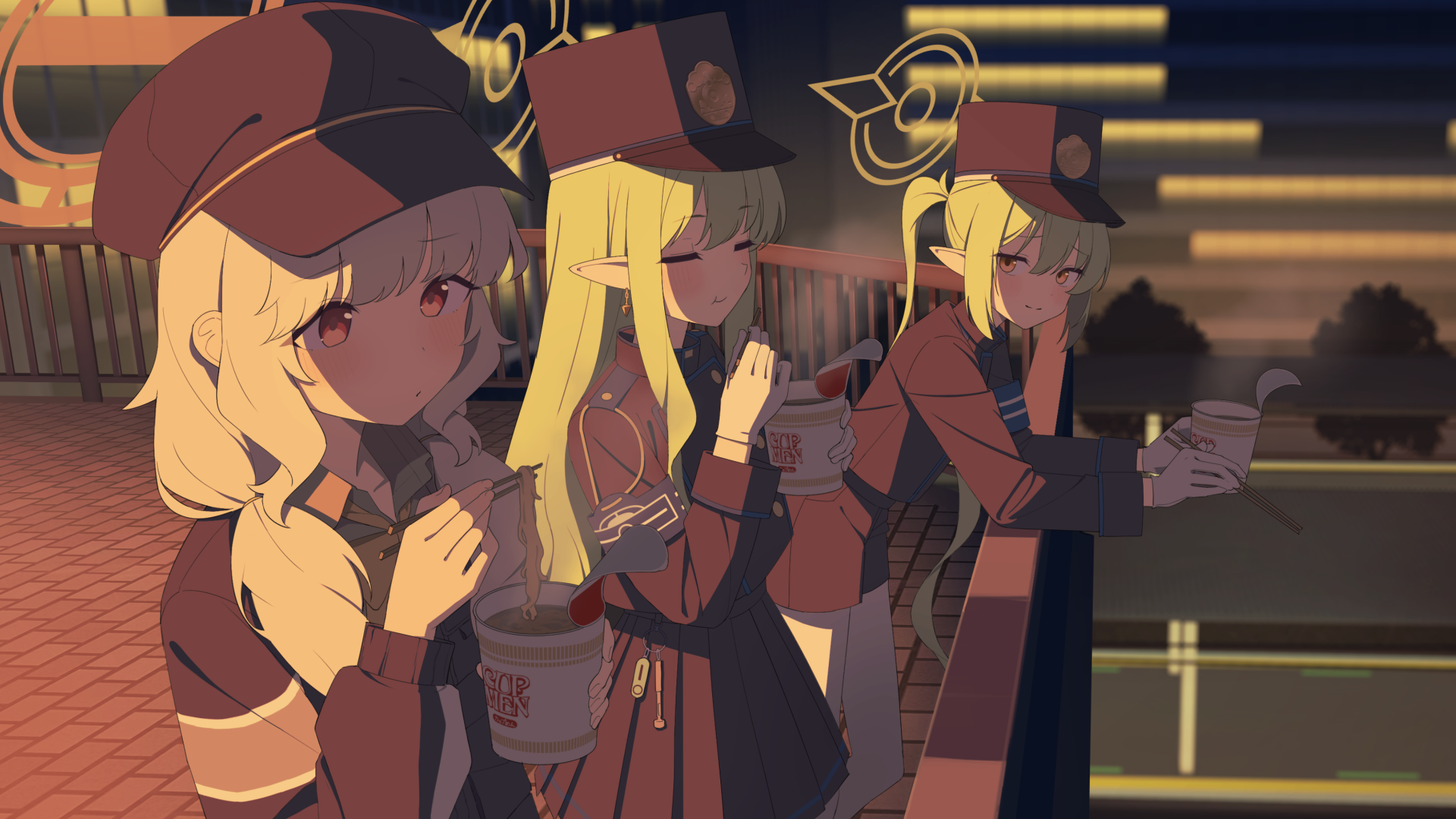 mikan battery, aoba (blue archive), hikari (blue archive), nozomi (blue archive), blue archive, fluffy hair, commentary, highres, 3girls, against railing, armband, black skirt, blonde hair, blowing, blue armband, blue hat, blue jacket, chopsticks, collared shirt, earrings, eating, gloves, green hair, green halo, green shirt, halo, hat, holding, holding chopsticks, holding with chopsticks, instant cup noodles, instant noodles, jacket, jewelry, long hair, low twintails, multiple girls, newsboy cap, orange halo, outdoors, pantyhose, peaked cap, pointy ears, railing, red eyes, shirt, shorts, siblings, sisters, skirt, steam, train conductor, twins, twintails, urban, white gloves, white pantyhose, yellow eyes