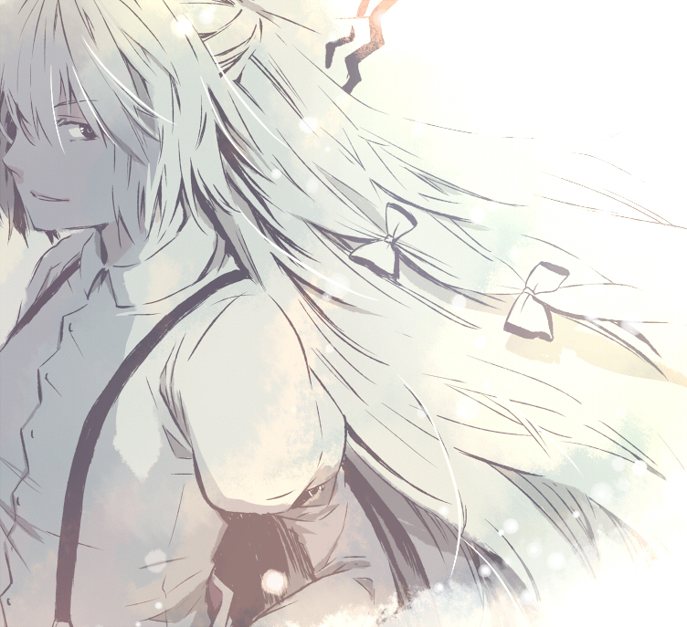 490 (spinoza490), fujiwara no mokou, touhou, silver hair, 1girl, black eyes, bow, brown eyes, female focus, glowing, hair bow, hair over one eye, hair ribbon, long hair, long sleeves, pale color, ribbon, shirt, smile, smirk, solo, suspenders, very long hair, white background, white shirt