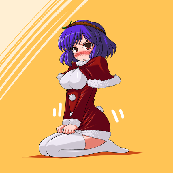 akase rai, mizumanju, yasaka kanako, touhou, 1girl, blue hair, blush, breasts, capelet, christmas, dress, dress tug, female focus, full-face blush, fur trim, holly, large breasts, purple hair, red eyes, seiza, short hair, sitting, solo, sweatdrop, thighhighs, undersized clothes, white thighhighs