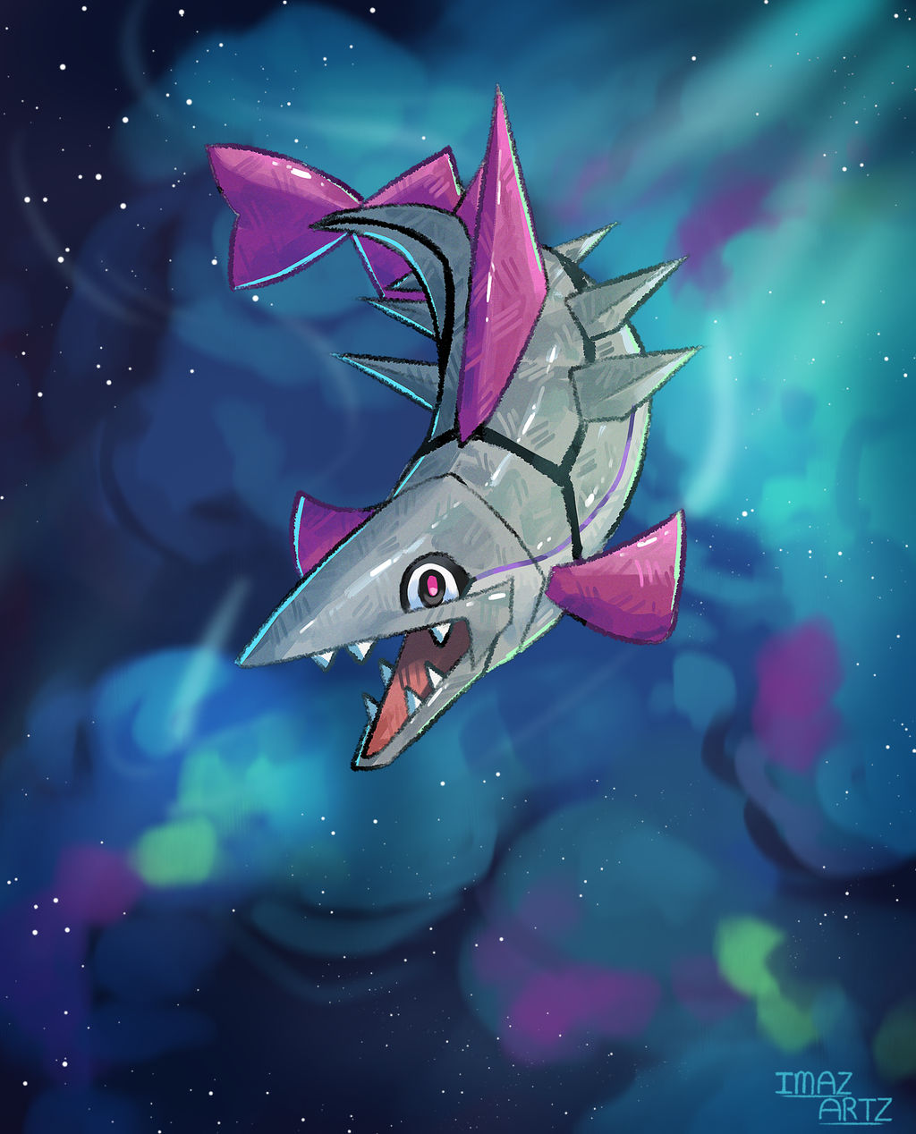 imazartz, veluza, nintendo, pokemon, commentary, english commentary, highres, animal focus, artist name, black eyes, fish, full body, no humans, open mouth, pink pupils, pokemon (creature), pokemon focus, sharp teeth, solo, teeth, underwater