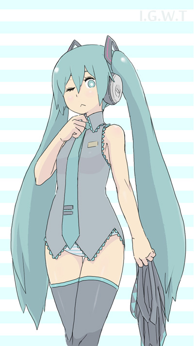 yuuna (alexi), hatsune miku, vocaloid, 1girl, ;<, aqua eyes, aqua hair, detached sleeves, female focus, headphones, holding, holding unworn clothes, holding unworn skirt, long hair, necktie, no pants, one eye closed, panties, skirt, solo, striped clothes, striped panties, thighhighs, twintails, underwear, unworn skirt, very long hair, wince, zettai ryouiki