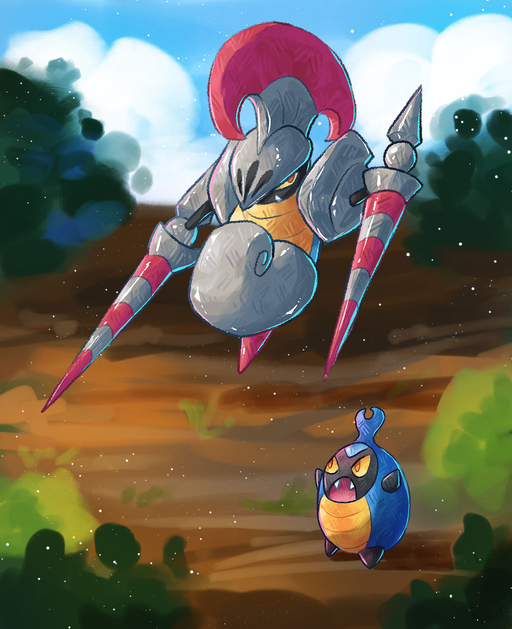 imazartz, escavalier, karrablast, nintendo, pokemon, commentary, english commentary, highres, blue sky, cloud, colored sclera, day, evolutionary line, floating, full body, gen 5 pokemon, lance, no humans, orange eyes, outdoors, pokemon (creature), pokemon focus, polearm, red eyes, sky, weapon, yellow sclera