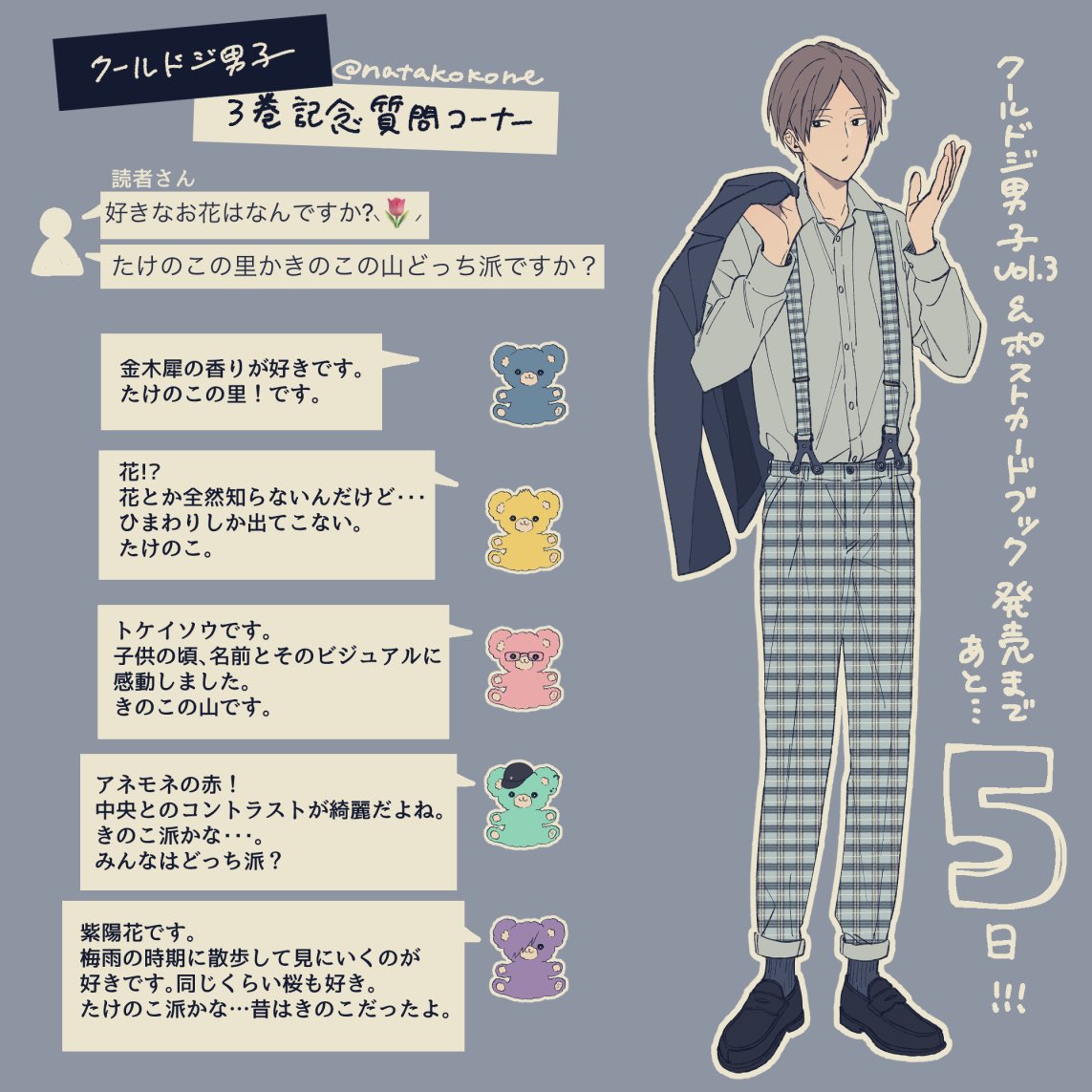 ichikura hayate, nata kokone, commentary request, translation request, 1boy, baseball cap, black shoes, bright pupils, brown eyes, collared shirt, cool doji danshi, copyright name, dress shirt, full body, futami shun, glasses, grey shirt, grey socks, hair over one eye, hat, holding, holding unworn clothes, igarashi motoharu, long sleeves, male focus, mima takayuki, one eye covered, outstretched hand, pants, parted bangs, plaid clothes, plaid pants, shiki souma, shirt, shoes, short hair, simple background, socks, solo, standing, stuffed animal, stuffed toy, suspenders, teddy bear, twitter username, white pupils