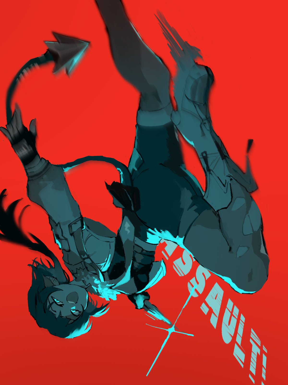 zen yasai, jane doe (zenless zone zero), zenless zone zero, commentary request, highres, 1girl, animal ears, black gloves, black hair, blue eyes, earrings, english text, fingerless gloves, fur-trimmed jacket, fur trim, gloves, grey jacket, grey shoes, high-waist shorts, holding, holding knife, jacket, jewelry, knife, long hair, long tail, looking at viewer, motion blur, mouse ears, mouse girl, mouse tail, multicolored hair, necktie, open mouth, pantyhose, red background, red hair, sharp tail, shoes, shorts, solo, sparkle, tail, torn clothes, torn pantyhose, upside-down