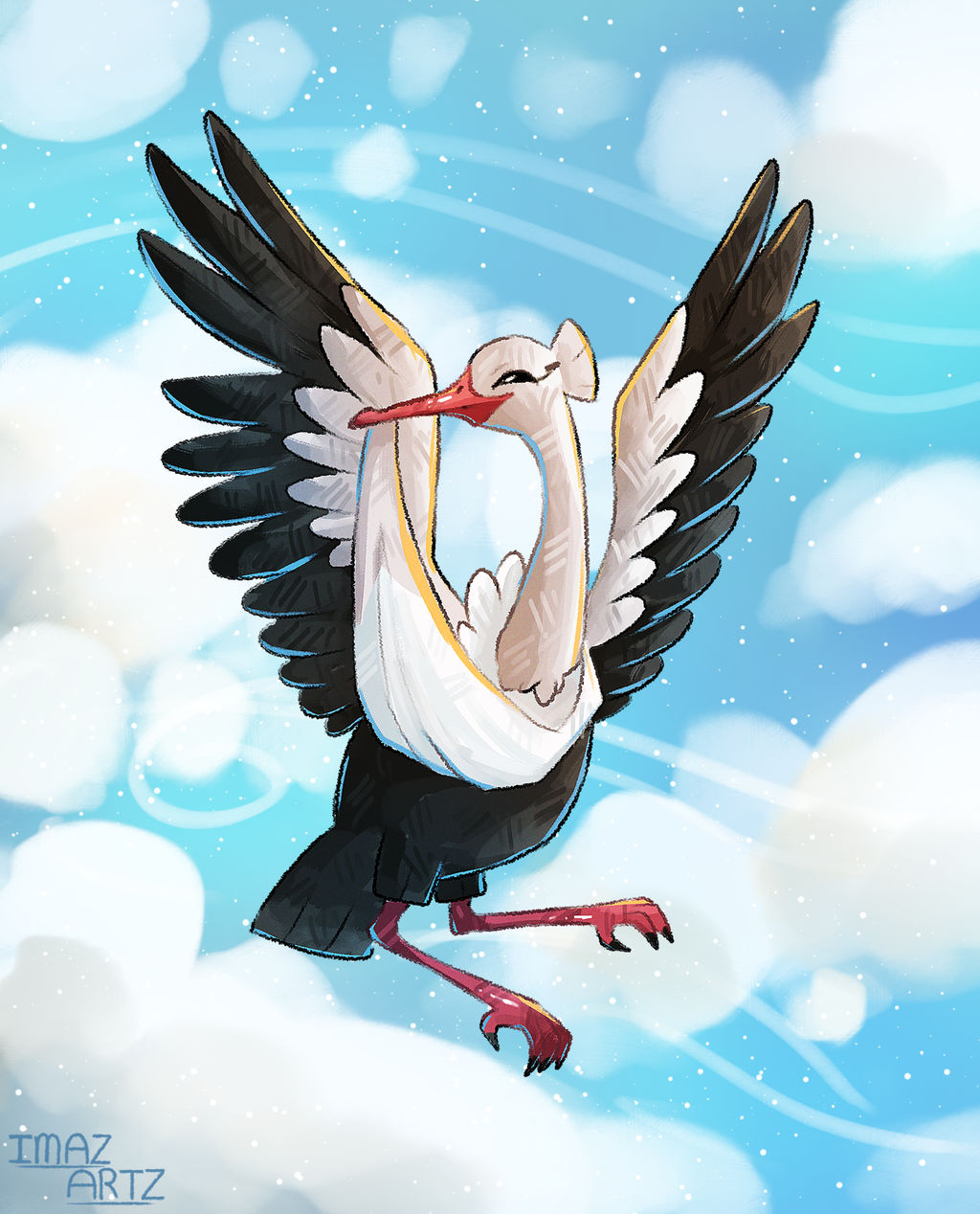 imazartz, bombirdier, nintendo, pokemon, commentary, english commentary, highres, animal focus, artist name, bird, blue sky, closed mouth, cloud, day, flying, full body, no humans, pokemon (creature), pokemon focus, sky, solo