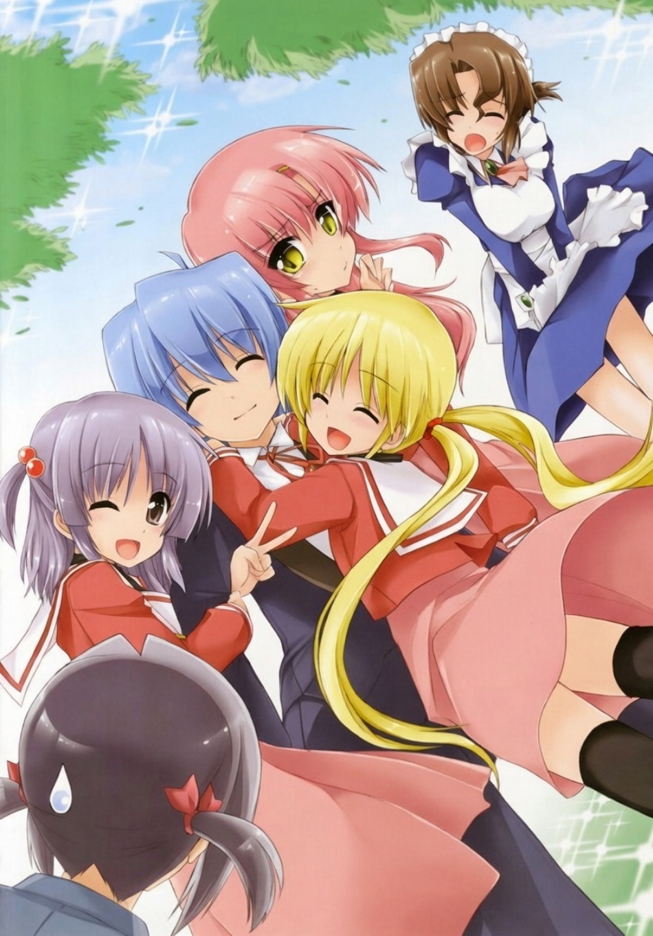 kamino ryuuya, ayasaki hayate, katsura hinagiku, maria (hayate no gotoku!), nishizawa ayumu, sanzen'in nagi, segawa izumi, hayate no gotoku!, highres, third-party edit, 1boy, 5girls, apron, blonde hair, blue hair, breasts, brown hair, folded ponytail, long hair, maid, maid apron, maid headdress, multiple girls, pink hair, purple hair, red eyes, school uniform, short hair, thigh gap, thighhighs, thighs, twintails, yellow eyes