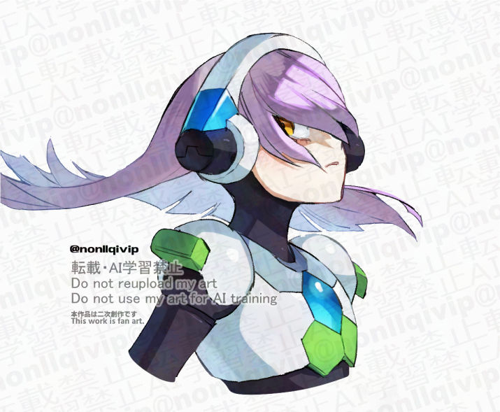 yamanashi taiki, lumine (mega man), mega man (series), mega man x (series), android, armor, chest jewel, hair over eyes, headgear, purple hair, solo, upper body, watermark, white armor, yellow eyes