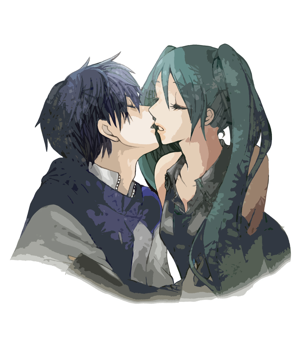ayaguri, hatsune miku, kaito (vocaloid), vocaloid, 1boy, 1girl, aqua hair, blue hair, closed eyes, couple, hetero, kiss, lips, long hair, necktie, simple background, twintails