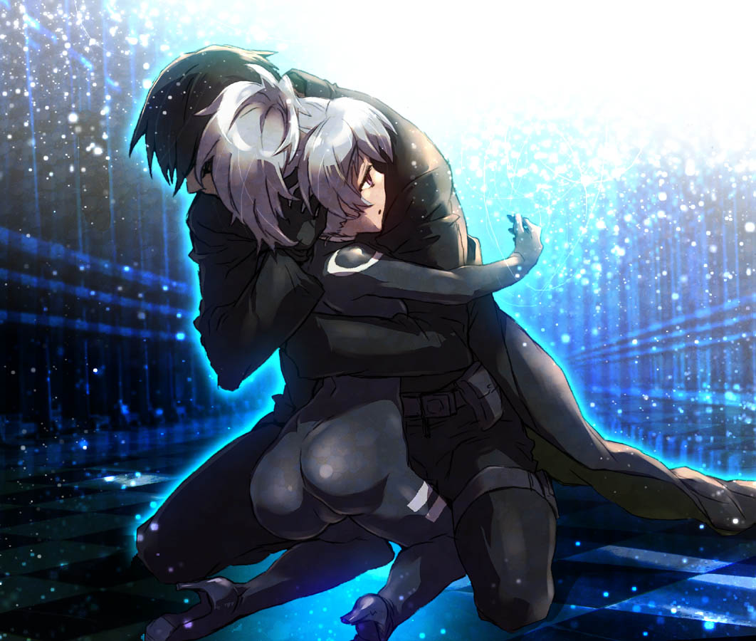 james hotate, hei (darker than black), yin (darker than black), darker than black, silver hair, 00s, 1boy, 1girl, ass, black hair, bodysuit, fat mons, hetero, high heels, hug, ponytail, shoes, skin tight