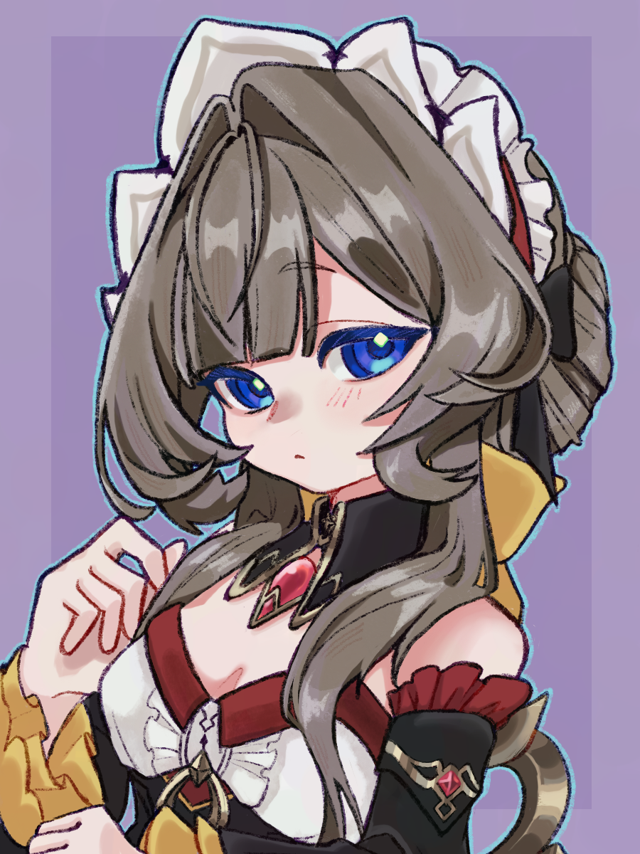 sandrone (genshin impact), genshin impact, commentary, highres, 1girl, bare shoulders, blue eyes, brooch, detached collar, frilled hairband, frills, grey hair, hair intakes, hairband, jewelry, long hair, long sleeves, looking at viewer, new3 game, purple background, solo, upper body