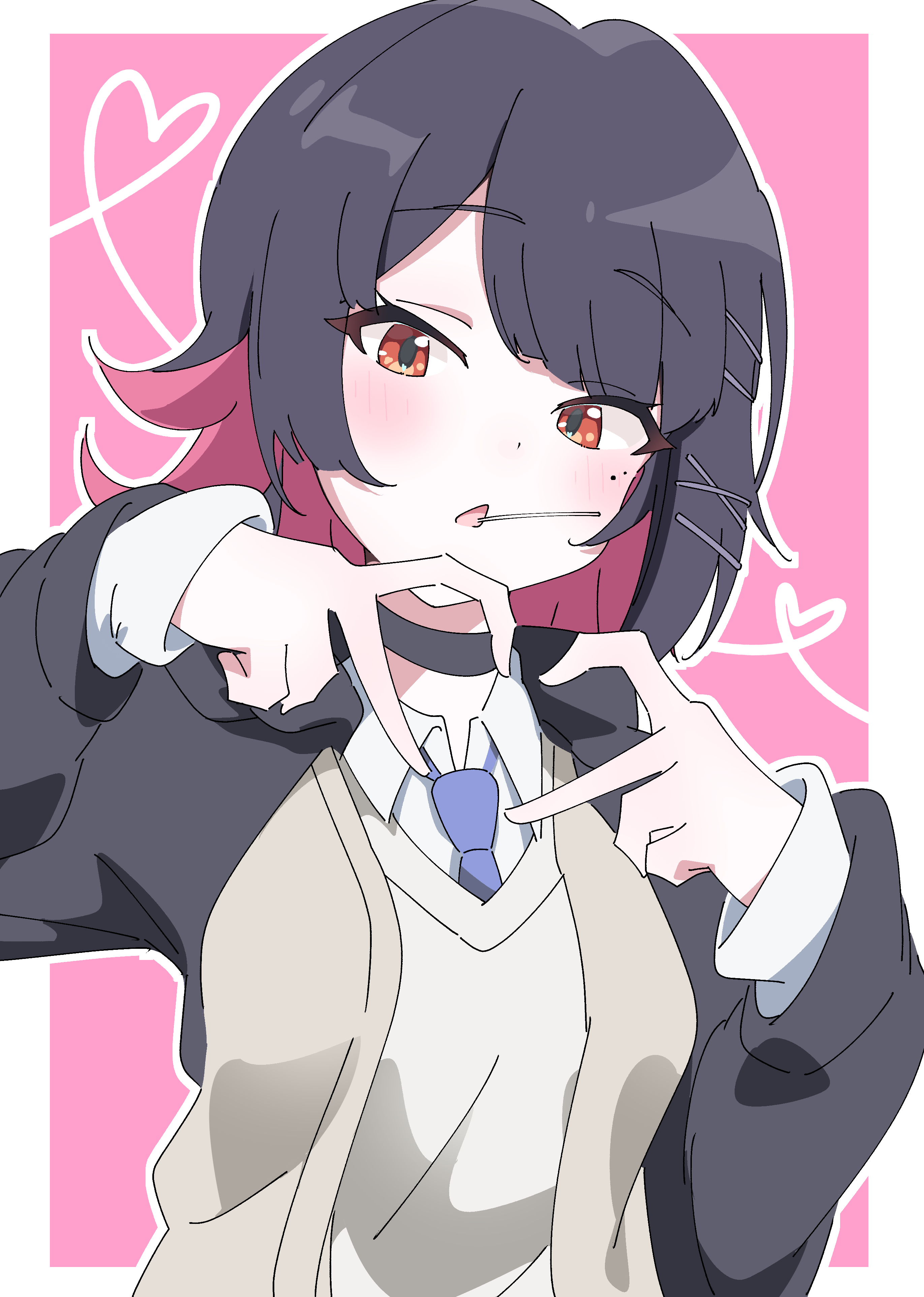hutsugyou, ellen joe, zenless zone zero, absurdres, commentary, highres, symbol-only commentary, 1girl, alternate costume, black choker, black hair, black jacket, blue necktie, blush, border, brown cardigan, cardigan, choker, colored inner hair, four-finger heart hands, head tilt, heart, heart hands, jacket, looking at viewer, mole, mole under eye, multicolored hair, necktie, open mouth, outline, pink background, razor blade hair ornament, red eyes, shark girl, shirt, short hair, solo, sweater vest, upper body, white border, white outline, white shirt, white sweater vest