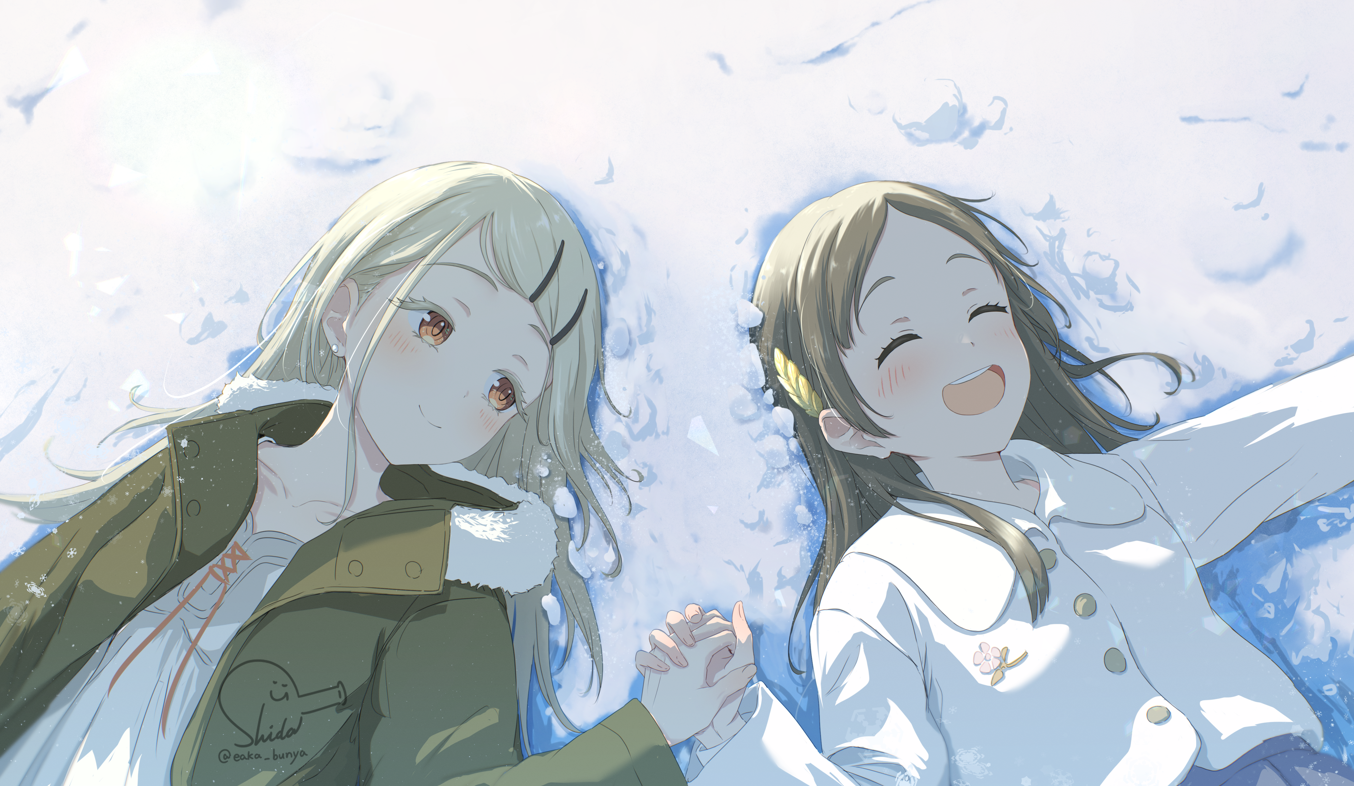 nokino shida, kuramoto china, shinosawa hiro, gakuen idolmaster, idolmaster, absurdres, commentary request, highres, 2girls, ^ ^, blonde hair, blush, brown hair, closed eyes, collarbone, colored eyelashes, earrings, fur-trimmed jacket, fur trim, green eyes, hair spread out, holding hands, jacket, jewelry, long hair, lying, multiple girls, on back, on ground, orange eyes, smile, snow, stud earrings, upper body, white jacket